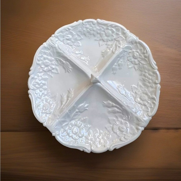 Vintage Ceramic Platter Embossed Cream Vine Handle Flower Divided Serving Dish - Picture 2 of 7
